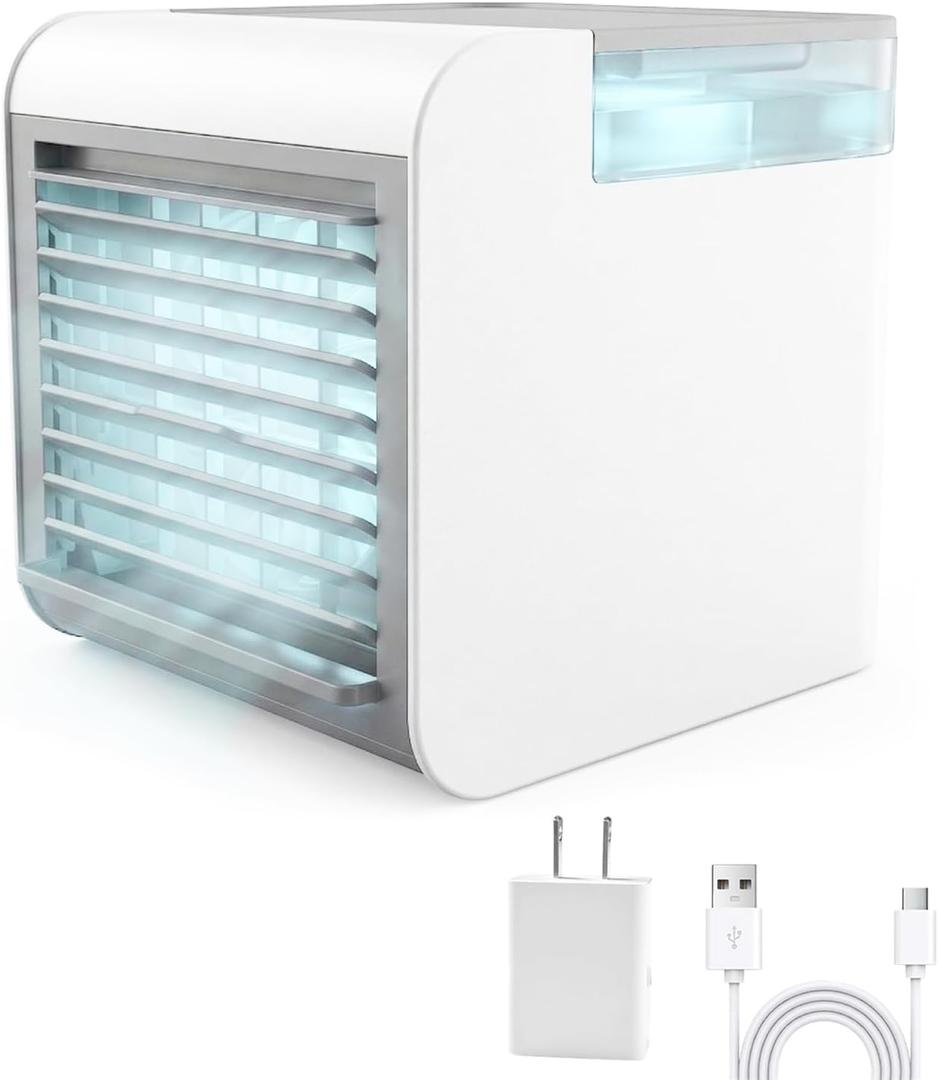 Portable Air Conditioner Fan, 4-in-1 Mini Air Cooler with 450ML Water Tank, 3 Speeds Portable Fan 7 Colors LED Ambient Light, Mini Evaporative Cooler Desktop Humidifier Fan for Bedroom Office Travel