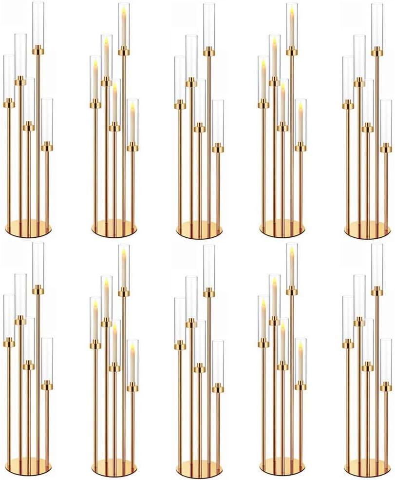 42.5in Gold Candelabra Centerpieces for Tables Candlestick Holders Decor Wedding Centerpiece Table Decorations 5 arm Candle Holder Set of 10 Acrylic lampshade Fit 0.9" LED Candle