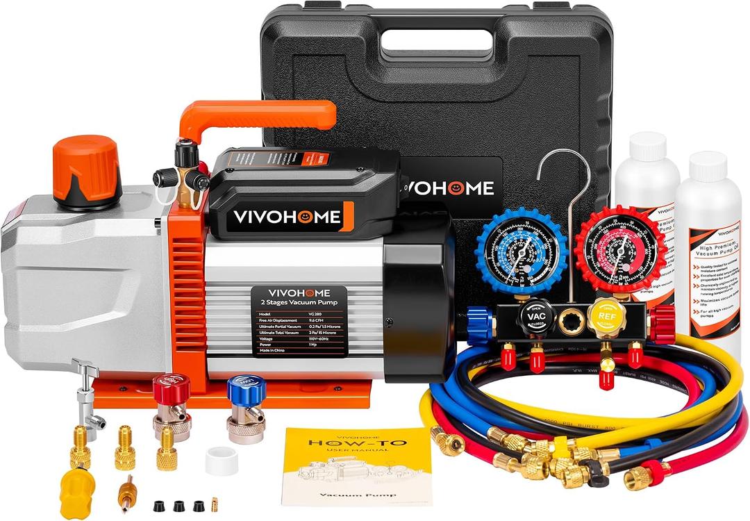 VIVOHOME VG Series AC Vacuum Pump and Gauge Set, 1 HP 9.6CFM 2 Stage HVAC Vacuum Pump and 4 Way Manifold Gauge Kit with 5ft Hoses for R134a R12 R22 R502 R410a Auto HVAC Systems Commercial Use