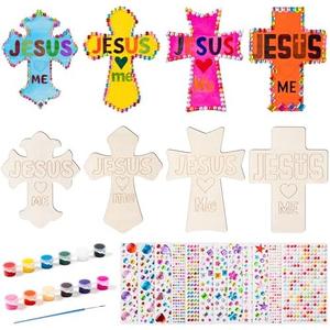 DIY Wood Cross Crafts for Kids - 24Sets Christian Unfinished Wood Cross Cutout Sunday School Vacation Bible School Supplies Blank DIY Wooden Cross Chips with Stickers Paint Gift for Church Christmas, Set of 2
