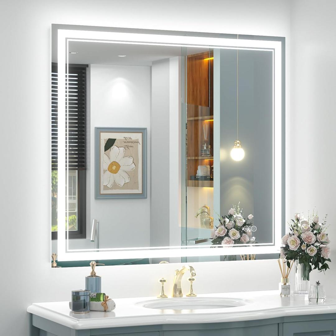 OKPAL 40x36 LED Bathroom Mirror with Lights, Anti-Fog Lighted Bathroom Mirror, Dimmable Lighted Mirrors for Bathroom Wall, LED Vanity Mirror, Shatterproof, ETL Listed, Horizontal/Vertical (No Frame)