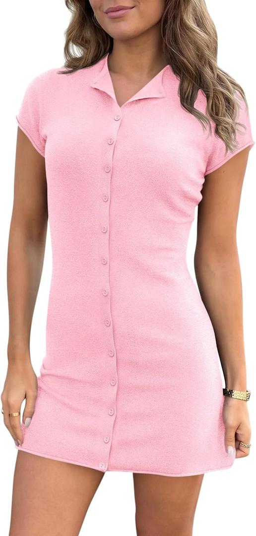 Saodimallsu Womens Button Down Mini Dress Summer Sleeveless Bodycon Casual Knit Short Cardigan Sweater Dresses (Pink, S)