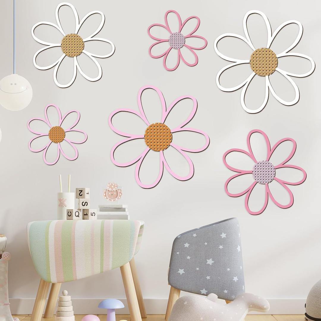 Thyle 6 Pcs Daisy Wall Decor Wooden Flower for Nursery,Pastel Color, 5.91 x 8.66 inches