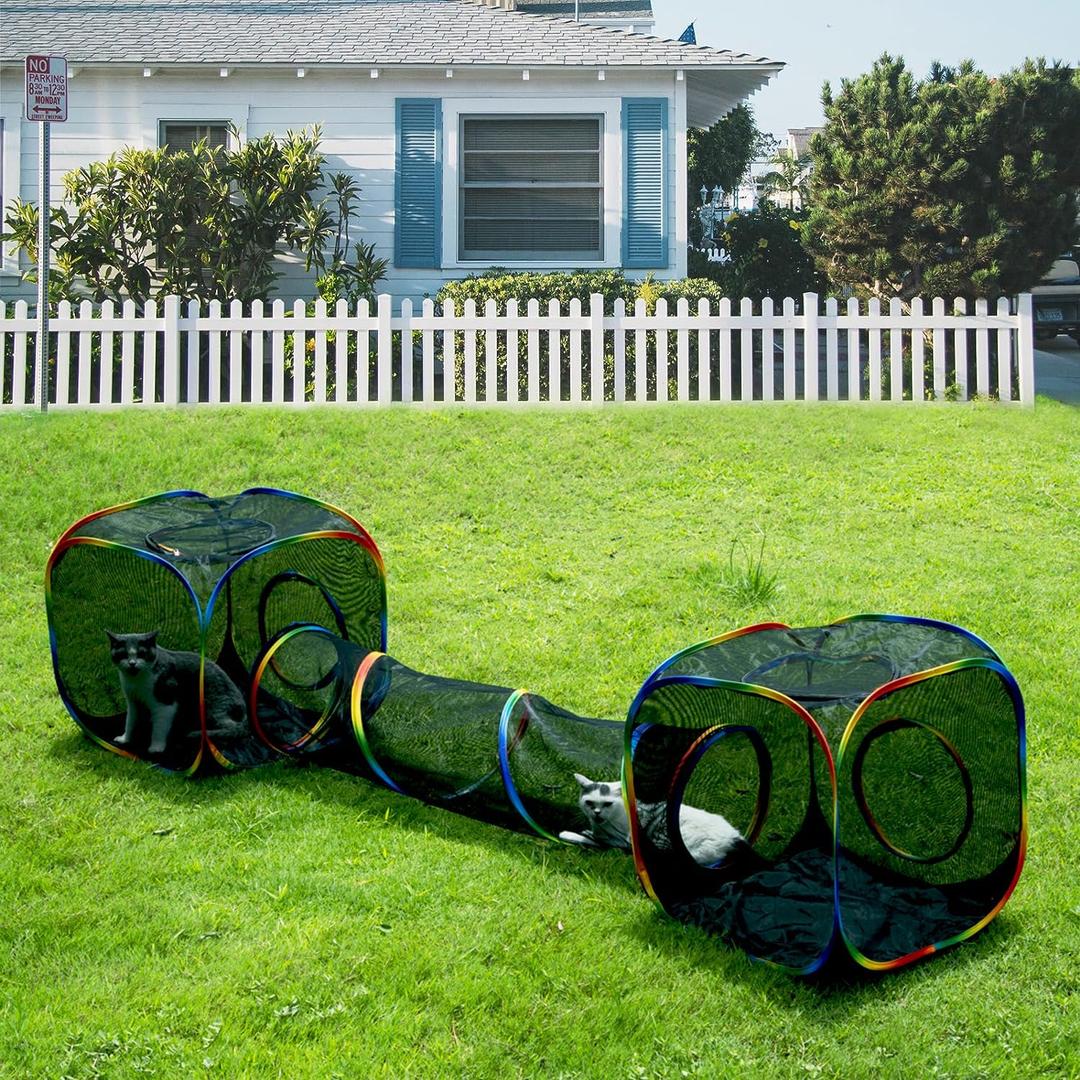 Outdoor Rainbow Cat Enclosures Playground,Outside House for Indoor Cats Include Portable Tent, 2 Way with 2 Cube Tunnel, for Kitty and Small Animals,Within Storage Bag