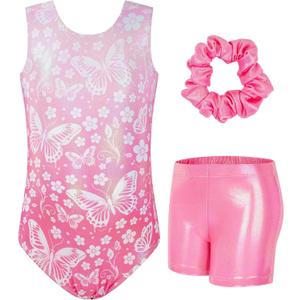 JiAmy Gymnastics Leotards for Girls, Sleeveless Sparkly Dance Biketards with Shorts Ballet Tumbling Outfit for 3-4T