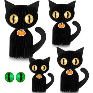 4 Pcs Black Cat Halloween Decor Honeycomb Centerpieces Decorations 3D Paper Black Cat Table Decor Scary Halloween Party Decorations for Farmhouse Home Kitchen Desktop Ornaments