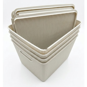 Storage Basket With Lid, Storage Baskets with Lids - Set of 4 Stackable Plastic Boxes with Handles - Decorative Shelf Organizer Bins for Bathroom and Closet