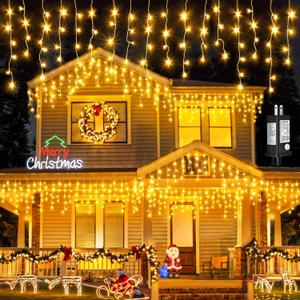 Icicle Lights for Outside 33ft 400 LED Icicle Christmas Lights Outdoor 8 Modes with 75 Drops, Plug in Christmas Light for House Party Holiday Fence Xmas Outside Indoor Decorations, Warm White