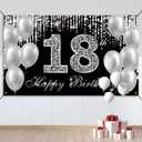 18th Birthday Banner Backdrop, Happy 18th Birthday Decorations for Boys Girls, Black Silver 18 Year Old Birthday Party Yard Sign Photo Props Decorations Supplies for Men Women, Fabric