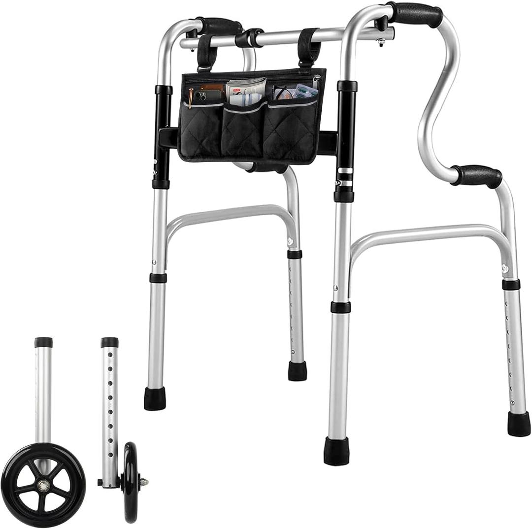 Foldable Walkers for Seniors - Aluminum Stepped Handrail Walker, Height Adjustable Walkers for Seniors, Lightweight Folding Walkers, 2 Wheels with Bearings as an Option, Silver