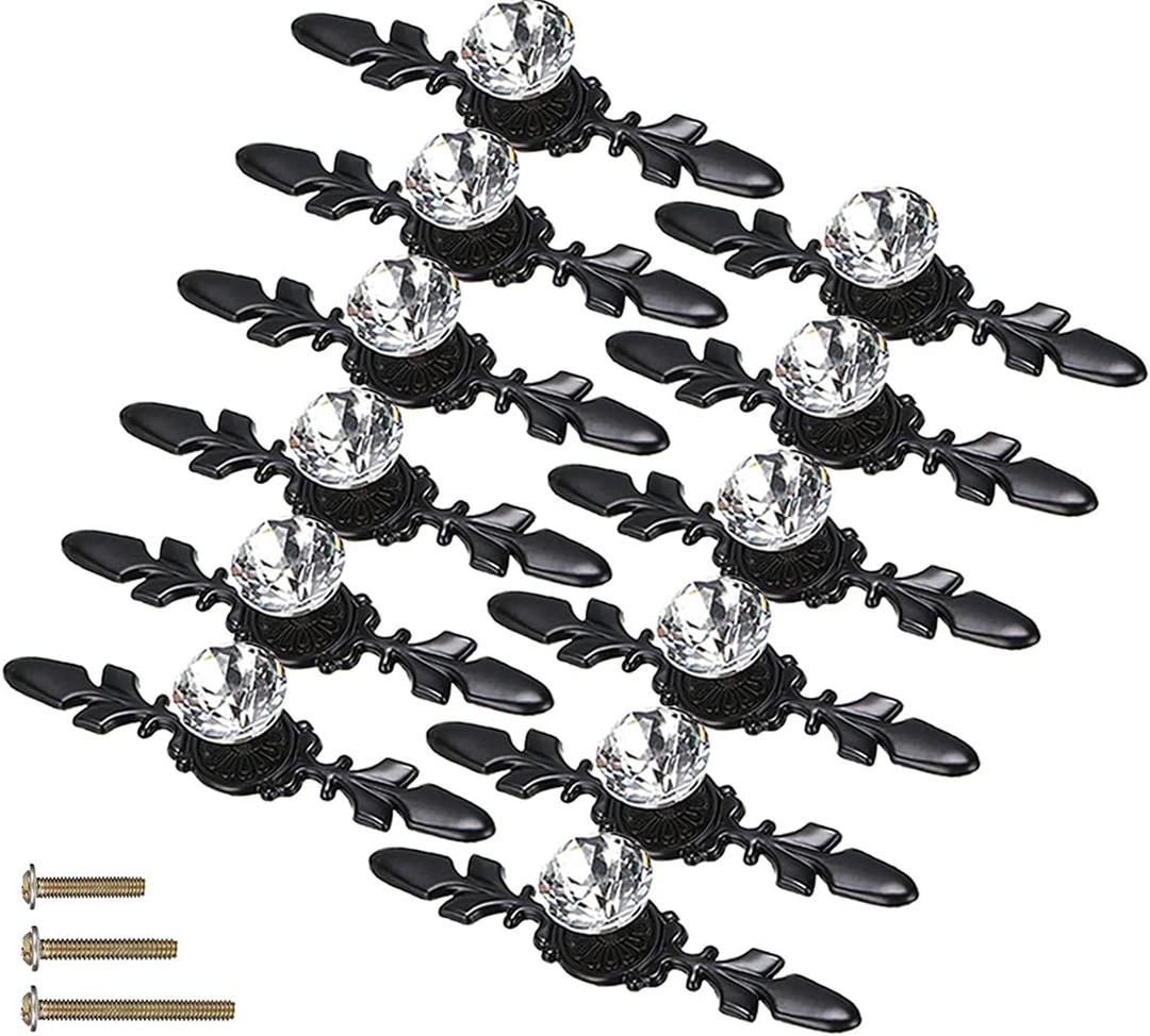 12 Pack Black Large Sized Enlarged Diamond Clear Crystal Glass Knobs with Plate,Cabinet Cupboard Door Pulls Handles with Screws for Kitchen Office Decoration (12 Pack, Large, Black)