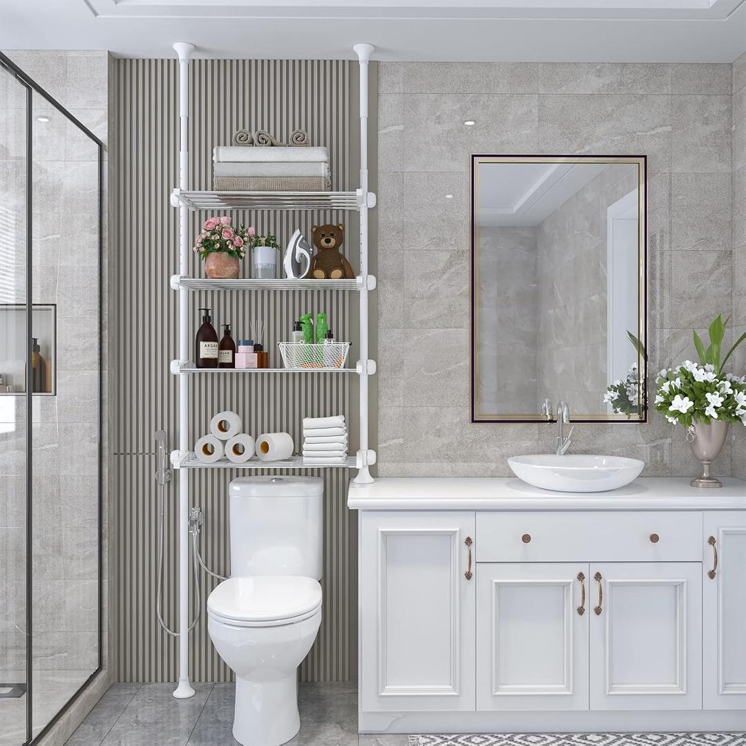 Lilyvane Over-The-Toilet Storage:97 to116 Adjustable 4-Tier Bathroom Organizer, Over The Toilet Storage Shelf for Small Rooms,Narrow Cabinet,Space Saving Bathroom Organizer, Stainless Steel (White)