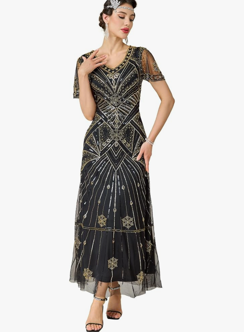  Women's Flapper Dress 1920s V-Neck Evening Gown Sequin Beaded Maxi Dress for Wedding M