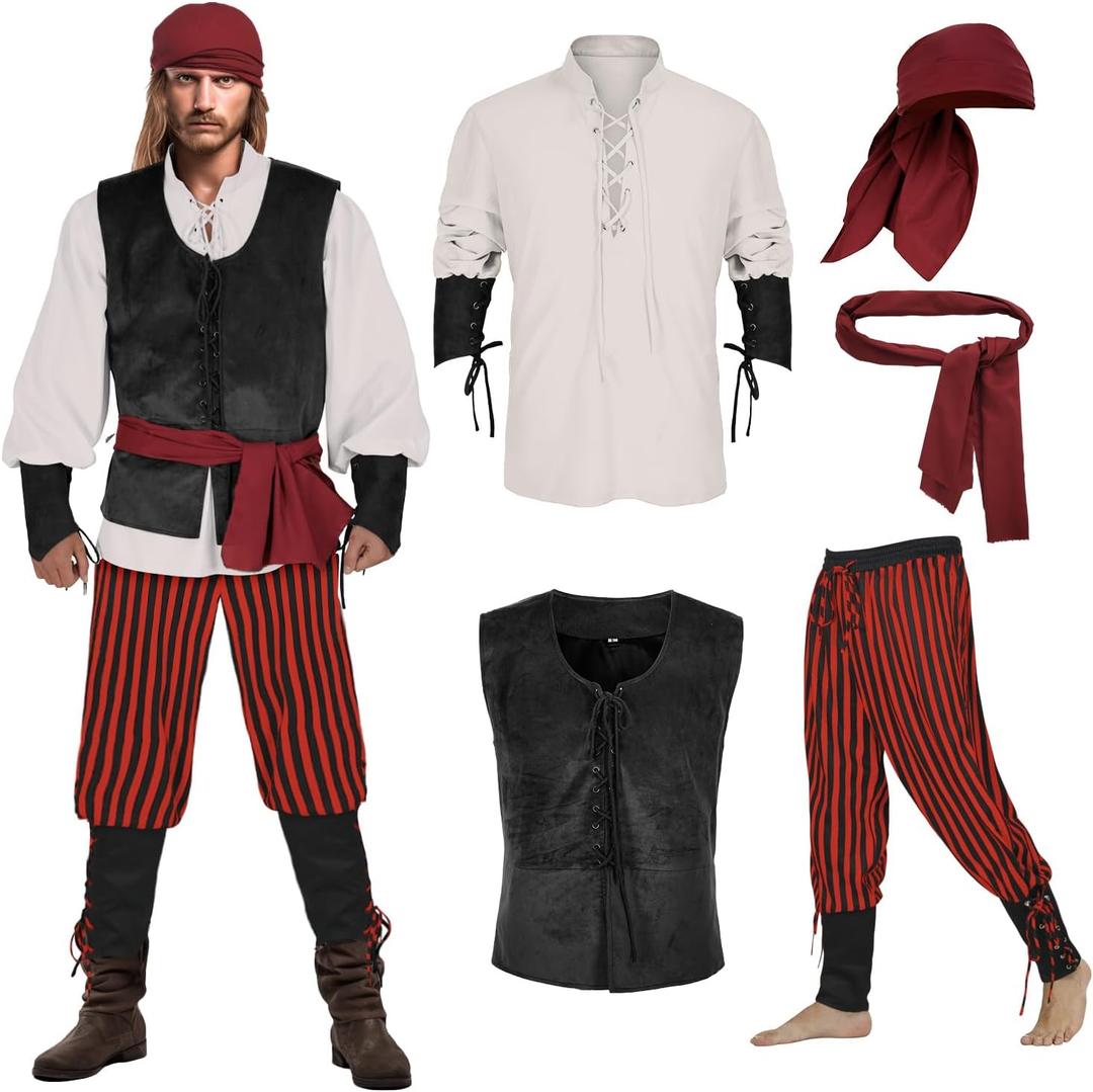 Men's Pirate Costume 5 Pcs Medieval Renaissance Outfits Halloween Viking Set (3X-Large, Z3601bk)