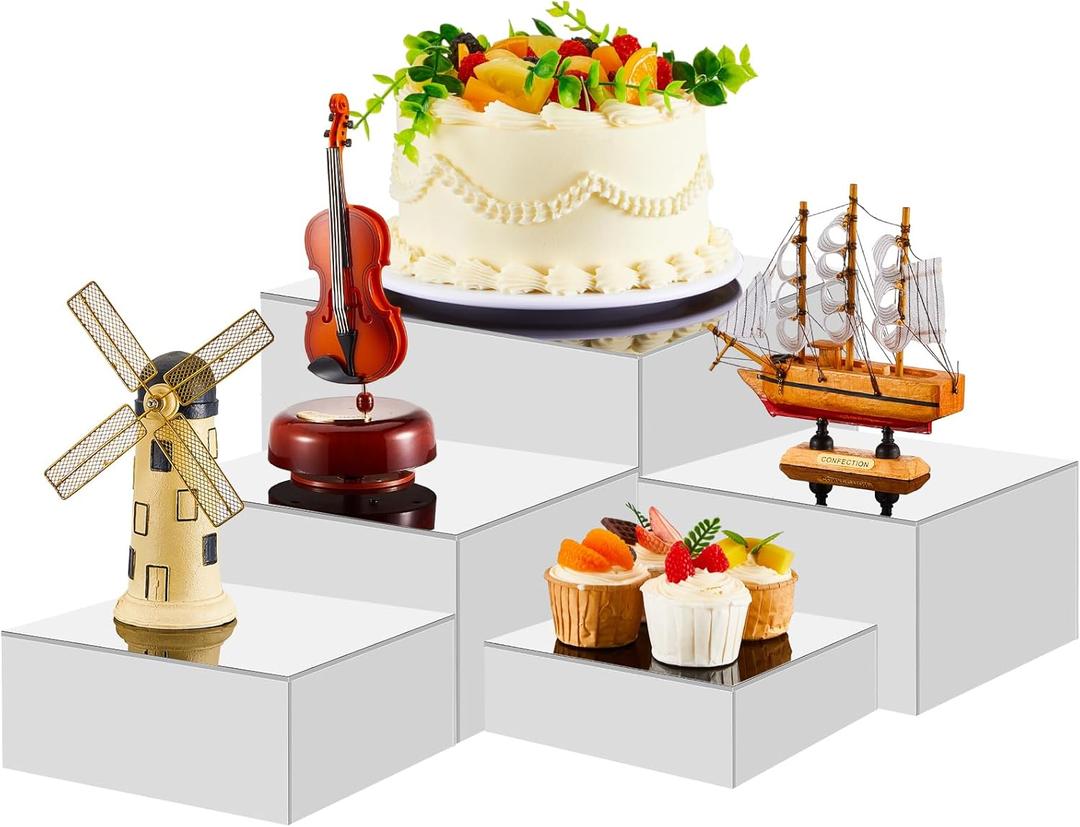 Sintuff Buffet Risers 5 Pcs Acrylic Food Display Risers for Buffet Table Dessert Cake Jewelry Figures Show Decor Acrylic Cube Boxes Nesting Risers with Hollow Bottoms(6/7/8/9/10inch,White)