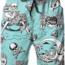 FREEHOTU Men's Swim Trunks Beach Board Shorts Quick Dry Swimwear Sports with Pockets (Medium, Bluemint Skull Mermaid Skeleton Teal)