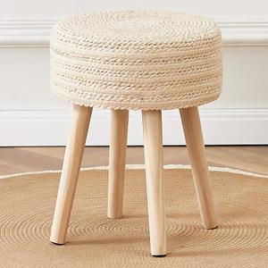 Cpintltr Round Ottoman Footstool Natural Seagrass Foot Stool Pouf Ottomans with Solid Wood Legs Hand Weave Hyacinth Footrest Step Stool for Living Room Balcony Garden Natural & Beige