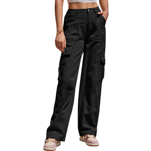 Hiistandd Women's High Waisted Cargo Pants Cotton Wide Leg Casual Pants Combat Military Work Trouser, Black, Size: Medium