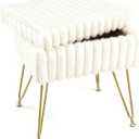 Vanity Stool Chair with Storage, Faux Fur Soft Padded Ottoman with Coffee Table, Modern Vanity Chair Fluffy Footstool with Metal Legs for Makeup, Living Room,Bedroom White