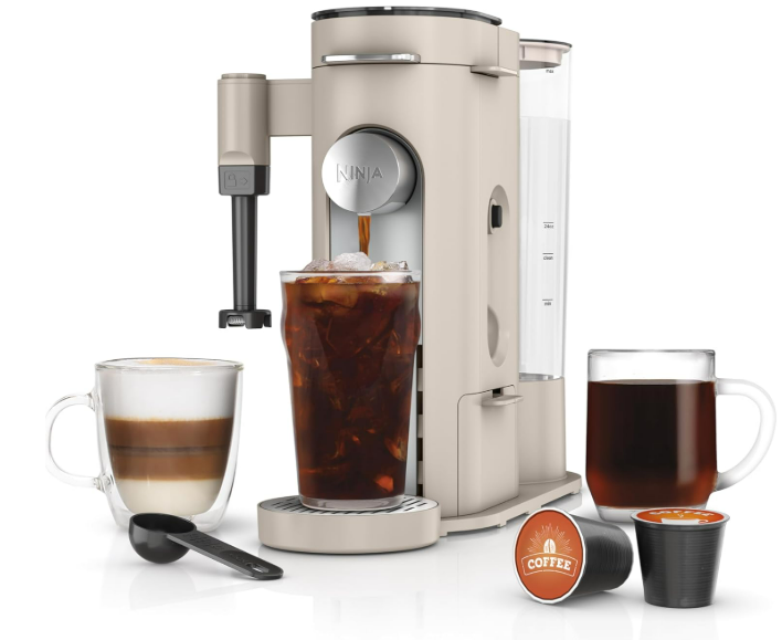 Ninja Pod & Grounds Specialty XL Single-Serve Coffee Maker, K-Cup Pod Compatible, Brews Grounds, Compact Design, Built-In Milk Frother, 68-oz. Reservoir, 6-oz. Cup to 24-oz. Mug Sizes, Stone, PB055AST