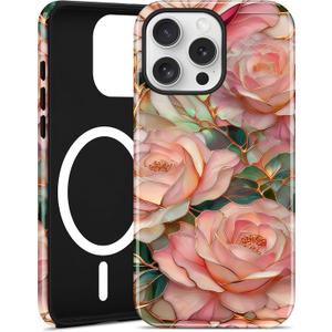 Jusy Compatible with MagSafe Pink Flower Case for iPhone 7/8/SE, Aesthetic Stained Glass Floral Magnetic Phone Case, Soft TPU and Hard PC Protective Cover for Women Girls (Shiny) - Pink Flower