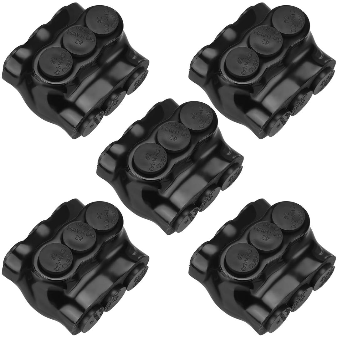 5 Pack Black Multi Cable Connector Insulated Multi Tap Connector 3 Wire Port Splice Dual Sided Entry Prefilled with Oxide Inhibitor (2-14awg)