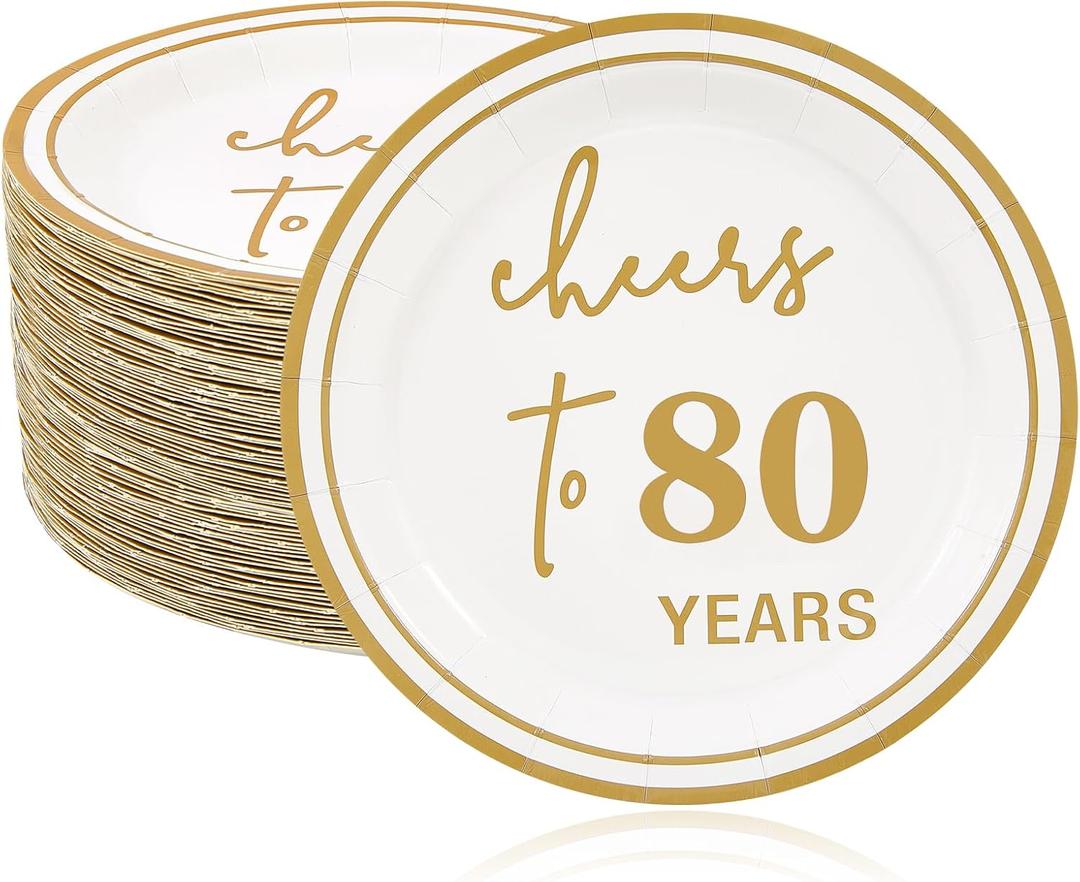 Ottin 50 Count White 7-Inch Dessert Paper Plates Gold Cheers to 80 Years  Disposable Plates for 80th Anniversary, Birthday Party & Milestone Celebrations