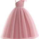 Tulle Flower Girls Dress One Shoulder Formal Princess Wedding Pageant Birthday Party Holiday Ball Gown Dresses (6-7 Years, Dusty Pink 1)