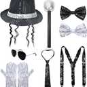 2 x Pop Star Costume Accessory Set, Sequin Fedora Hat with Curly Wig, Suspenders, Tie, Bow Ties, Gloves, Sunglasses, Microphone