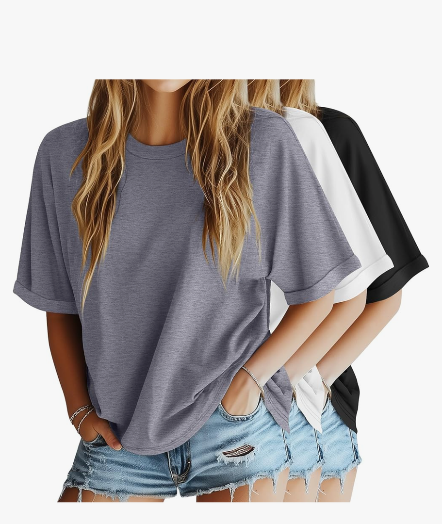 Riyiper 3 Pack Women's Oversized T-Shirt Half Sleeve Summer Tees Casual Loose Fit Crew Neck Basic Tops,Medium