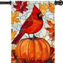 Fall Cardinal Bird Pumpkin House Flag 28x40 Double Sided Large Stained Glass Burlap Yard Flag Maple Leaves Welcome Autumn Thanksgiving Holiday Outside Decorations