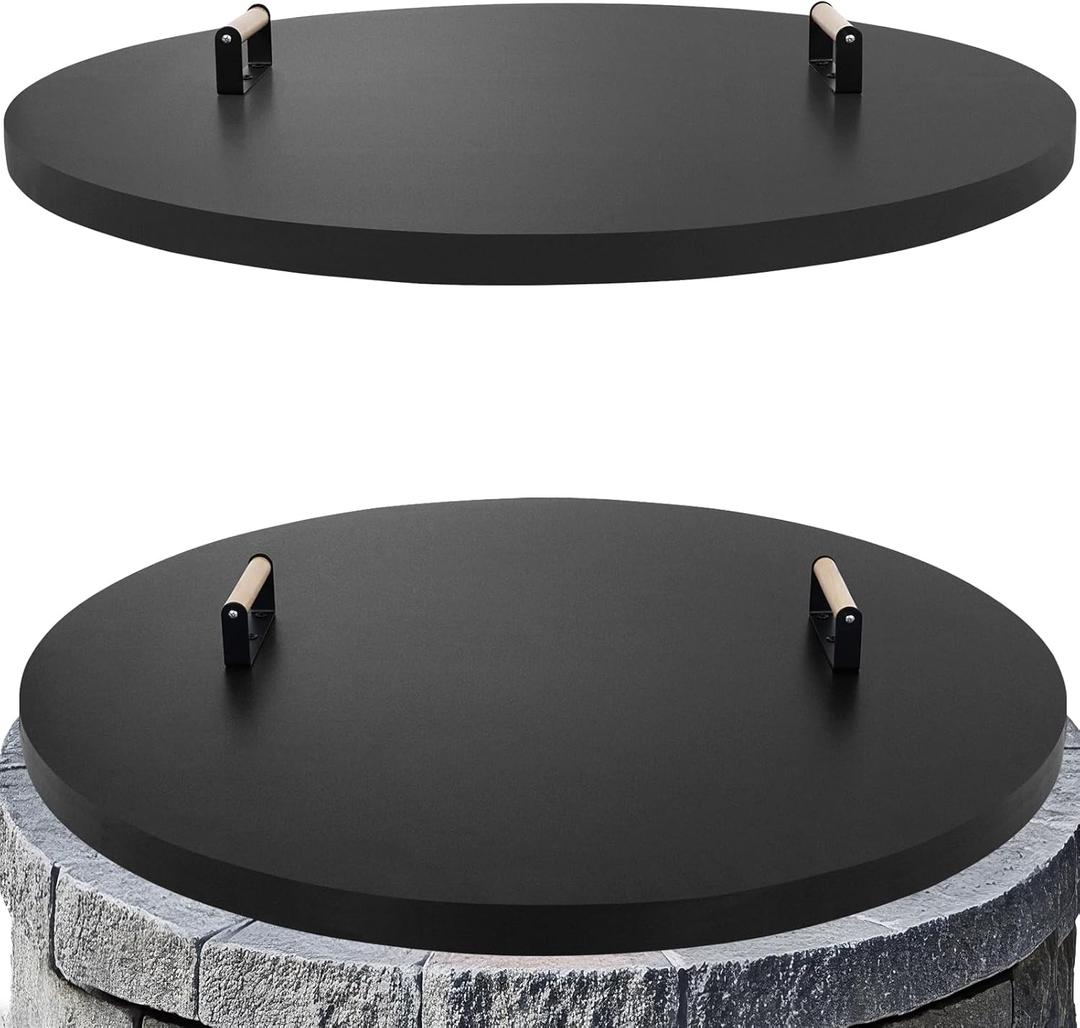 Fire Pit Lid Cover Round - 38" Rust Resistant Powder Coated Steel Firepit Cover or Table with 2 Wooden Handles for Patio Fire Pit, Weatherproof for All Seasons, Fits Fire Pits Up to 36"