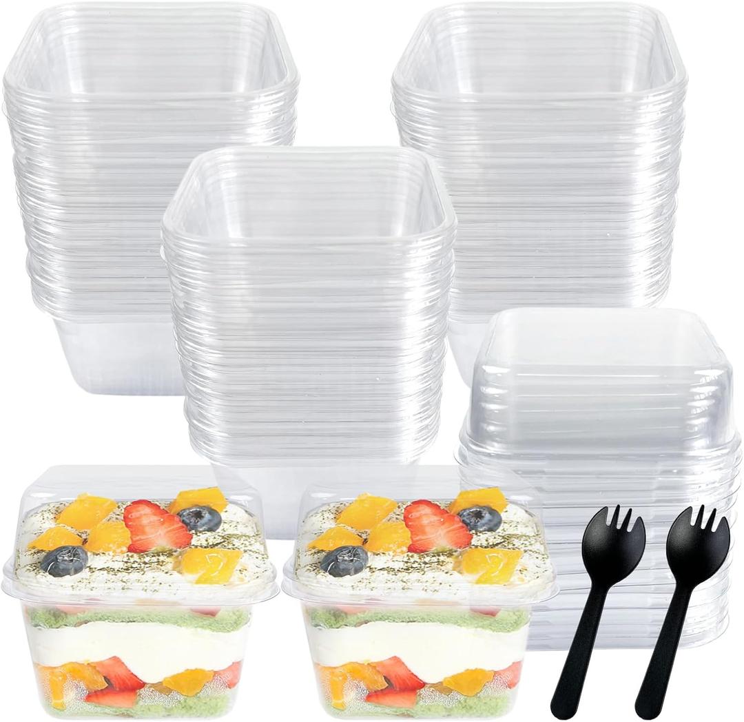 100 Pack Disposable Clear Plastic Cups Ice-cream Cups with Lids and Sporks, 8 oz Square PET Sundae Dessert Cups for Iced Coffee Cold Drinks Frozen Yogut Fruits Jello Snacks Bubble Boba Juice Milkshake