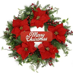 Christmas Wreaths for Front Door,Artificial Winter Wreath with Pine Needles,Eucalyptus Leaves and red Poinsettias with Plump Pine and red Berries, Wreaths for Indoor Wall Window Decor.