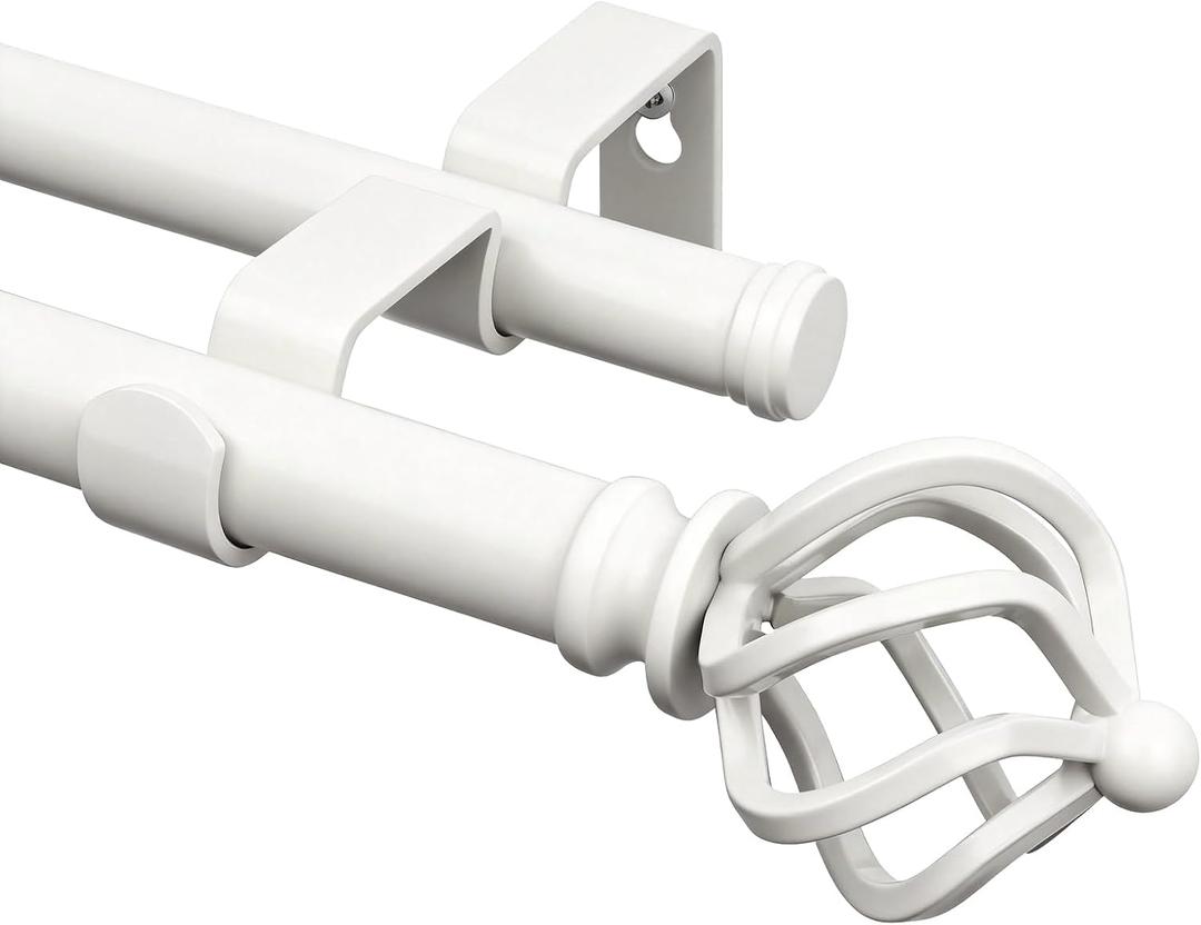 KAMANINA Double Curtain Rods 66 to 120 Inches (5.5-10 Feet), Ivory White Telescoping Curtain Rod for Windows 54 to 115 Inches, 7/8 Inch Decorative Curtain Rods with Twisted Cage Finials