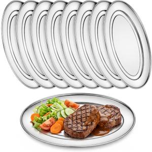 8 Pack Stainless Steel Oval Platter, Sturdy Oval Food Serving Trays Decorative Mirror Polish Silver Serving Platter for Meat Sushi Steaming Fish Dessert Appetizer,13.3" x 8.07"