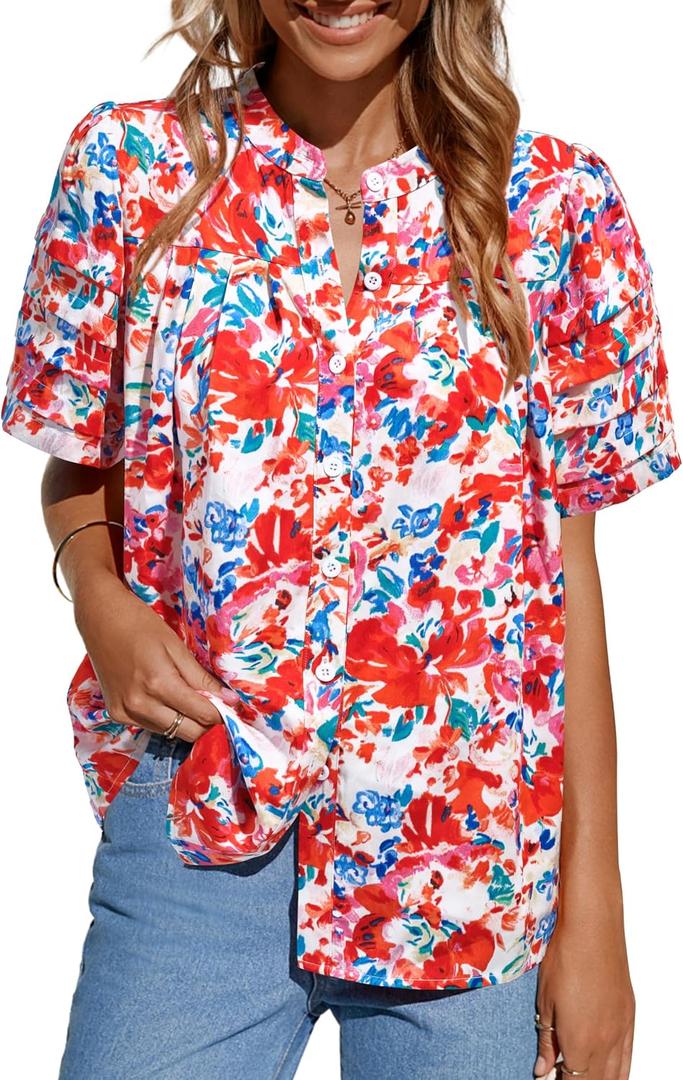 MASCOMODA Womens Tops Summer Boho Floral Short Sleeve Button Down Shirts Crewneck Loose Vacation Dressy Casual Work Blouses (S)
