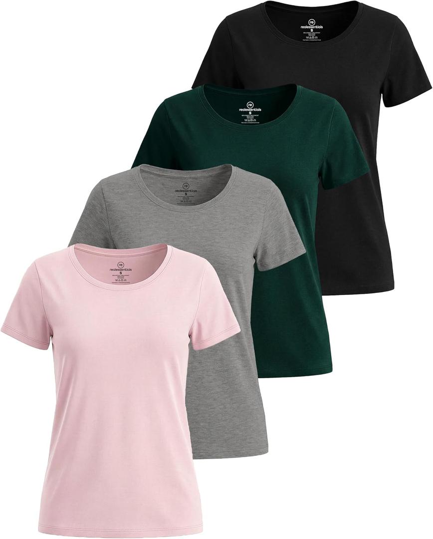 4 Pack Women's Cotton T Shirts Short Sleeve Crew Neck Tops Basic Casual (L)