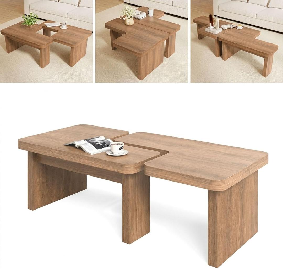 Farmhouse Coffee Table, 53-Inch Accent Center Table with Thicken Base, Multiple Layouts,Switch Between Square and Rectangular Table (Rustic Brown), 53.1''D * 23.6''W * 16.1''H