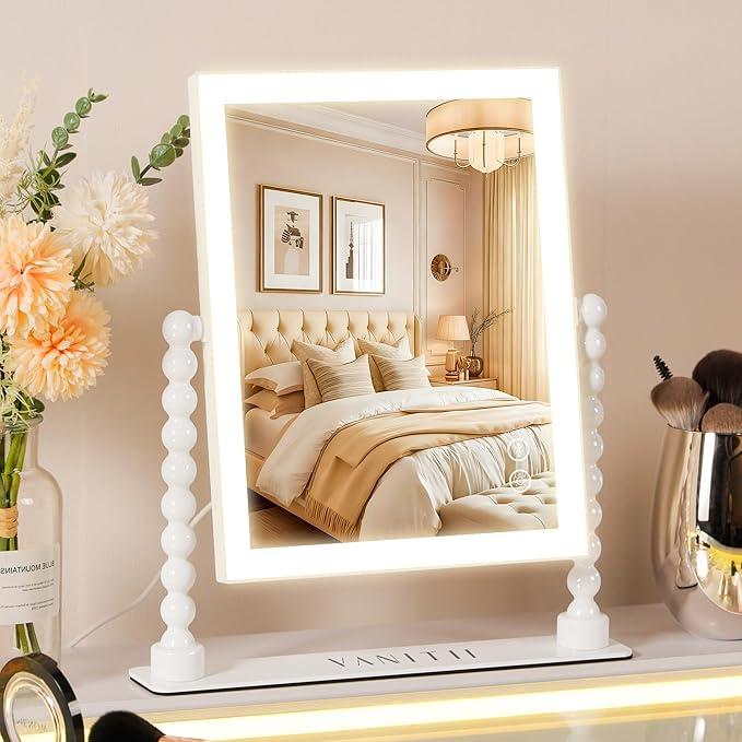 VANITII GLOBAL Vanity Makeup Mirror with Lights 9”x12” Hollywood Mirror with Music Speaker Dimmable 3 Color Lighting Light up Mirror with 10X Magnification 360 Degree Rotation for Bedroom Bathroom