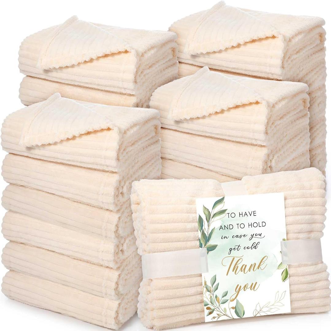 Buryeah 24 Pcs Wedding Flannel Fleece Throw Blanket Bulk with Thank You Card and Ribbon, 50 x 60 Inch Throw Blankets Outdoor Wedding Ideas, Party Souvenirs (Ivory)