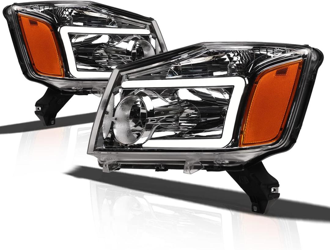 Alpha Owls 8711842 Crystal Headlights With White LED Light Bar - Chrome Amber Fits 2004-2015 Nissan Titan / 2004 2005-2007 Armada (Halogen LED Bar - Chrome)
