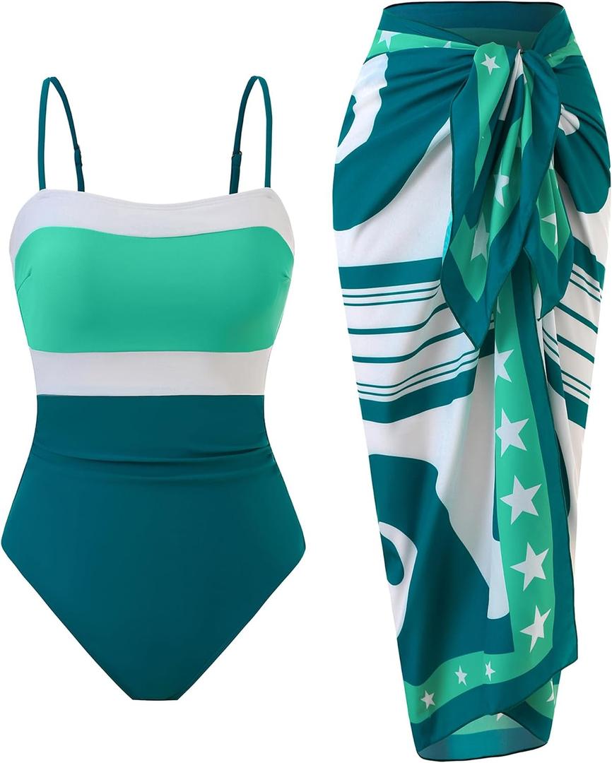 Women’s One Piece Swimsuit with Cover Up Set Skirt Retro 2 Piece Bathing Suit Swimwear (Blue, S)