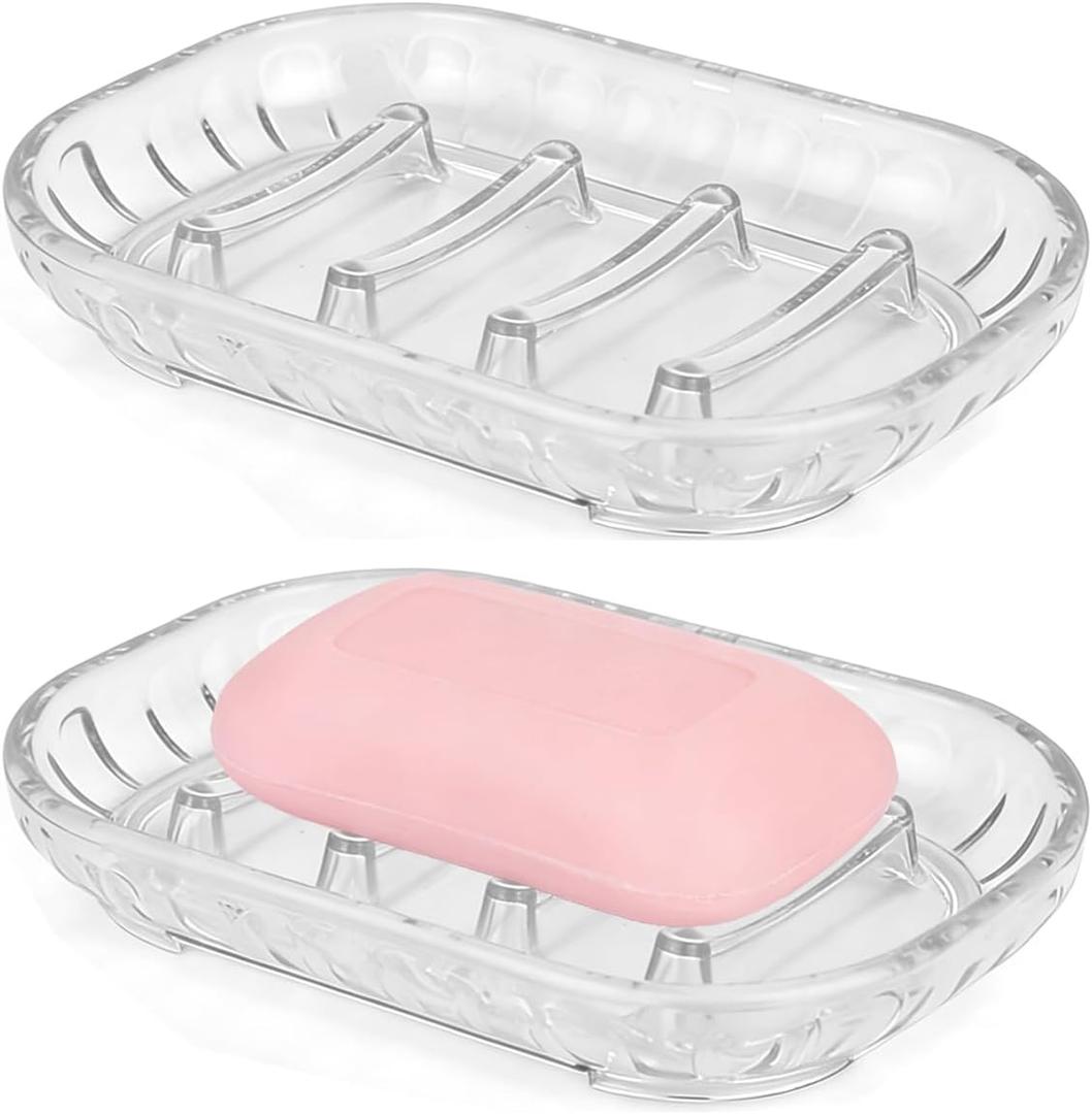 2-Pack Soap Dish Holder for Bar Soap, Bathroom Soap Dishes Soap Holder, Soap Saver Dry Stop Mushy Soap Tray for Shower Bathroom, Kitchen Sink,Clear