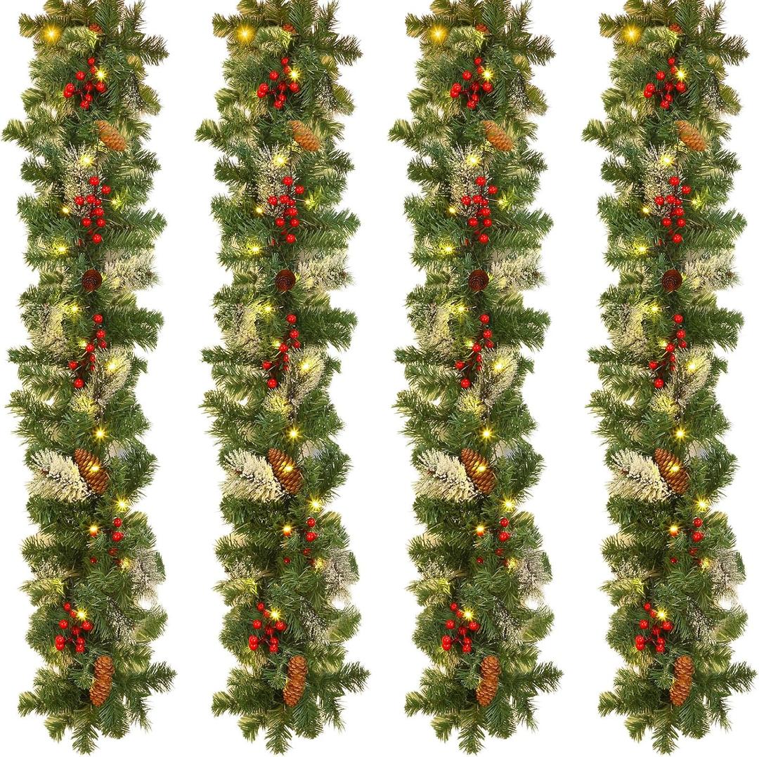Yuxung 9 Feet Artificial Christmas Garland with Lights Prelit Garland Christmas Decorations Lighted Christmas Garland with Pine Cones Red Berries for Indoor Outdoor Home Fireplace Wreath