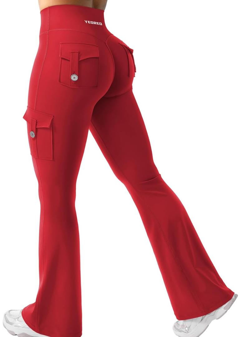 YEOREO CoreFlex Women Workout Flare Leggings with Pockets Hidden Scrunch High Waisted Cargo Gym Yoga No Front Seam Leggings.S size