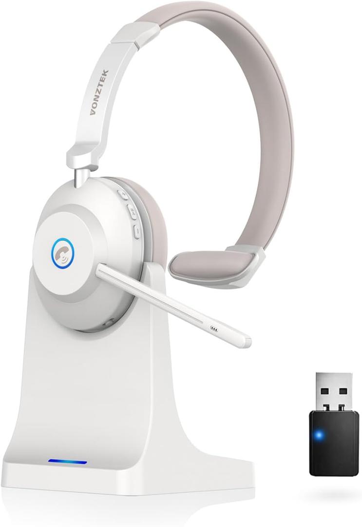 Wireless Headset with Mic for Work, Bluetooth Headset Mic Mute & USB Dongle, 45H+ Wireless Headphones with Microphone Noise Canceling & Charging Dock for Work/Office/PC/Meeting/MS Teams (White Brown)