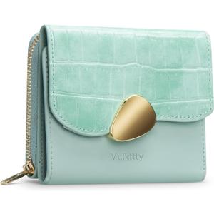 Vulkitty Trifold Leather Wallet for Women RFID Blocking, Small Compact Purse with Zipper Pocket, Ideal for Gift, Green