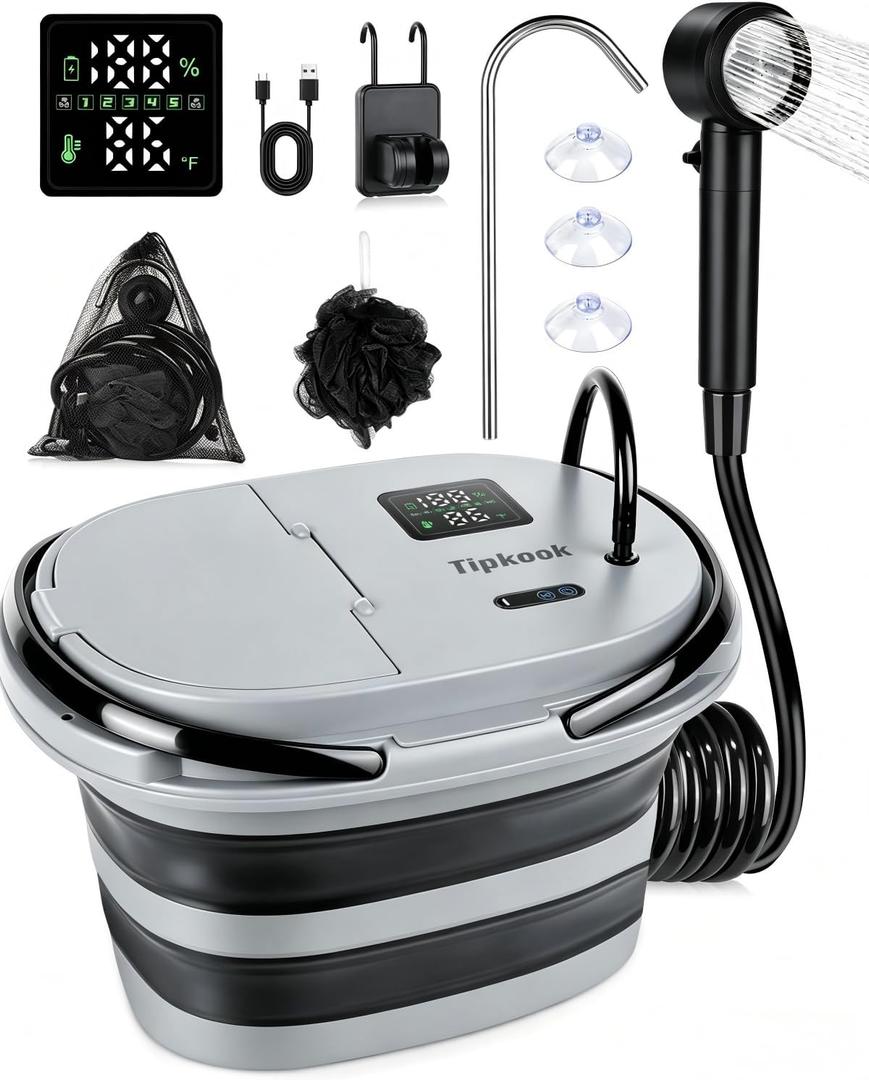 Portable Shower with 20L Foldable Bucket: Integrated Bucket + Shower Head,13000mAh Rechargeable Camping Shower with LED Display, Fruit Wash Mode, IPX8 Waterproof & 5-Speed,Portable for Travel,Pet Bath, Small