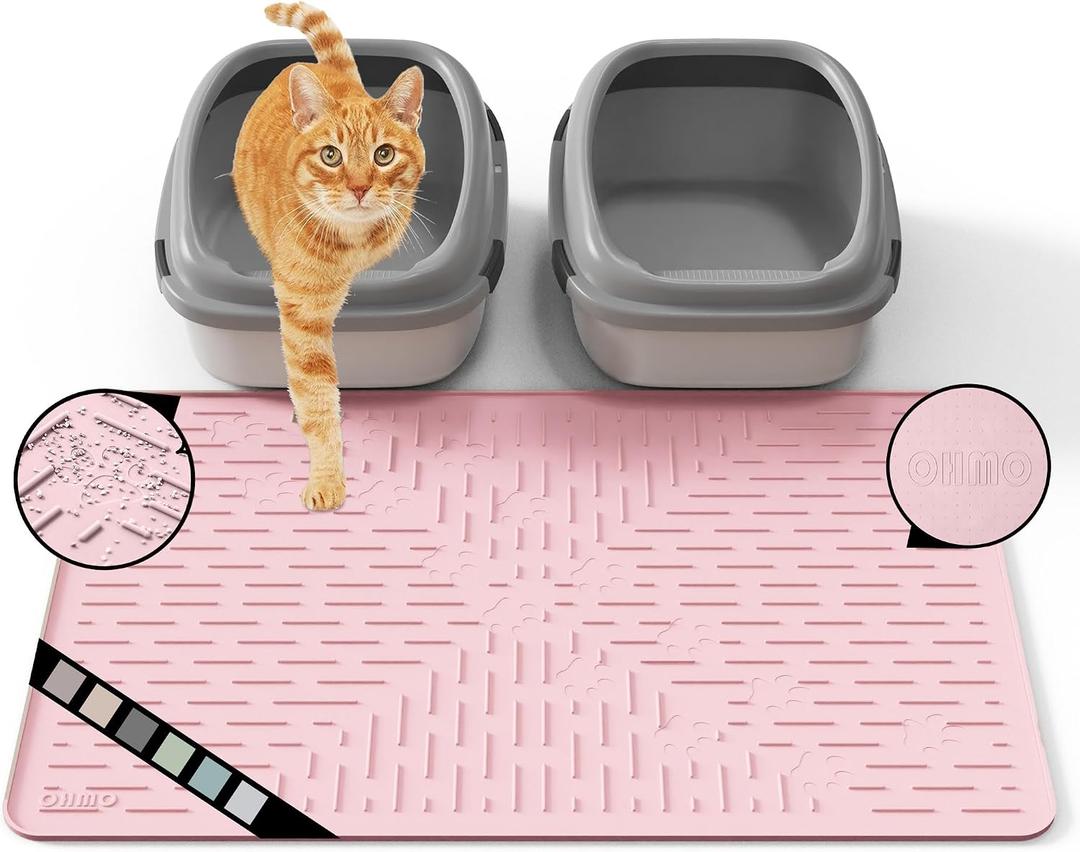 OHMO Cat Litter Mat Trapping Mat Premium Silicone 31.5x23.6 Pink, Waterproof and BPA Free Kitty Litter Box Mat, Easy Clean and Keeps The Floor Tidy